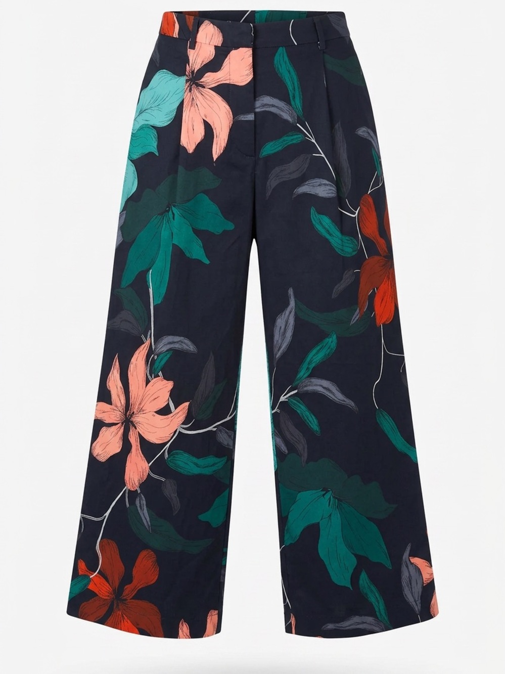 The Kit | Wide-Leg Floral Print Pants in Black with Coral & Teal Blooms